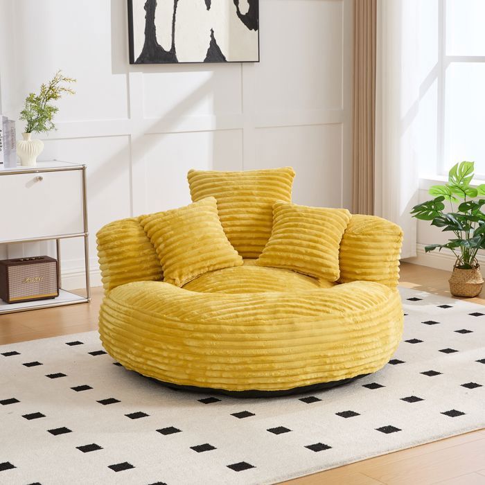 Pouf poire confortable avec trois coussins 108 x 108 x 52 cm Lazy Canapé pour salon chambre Fauteuil Velours côtelé Jaune