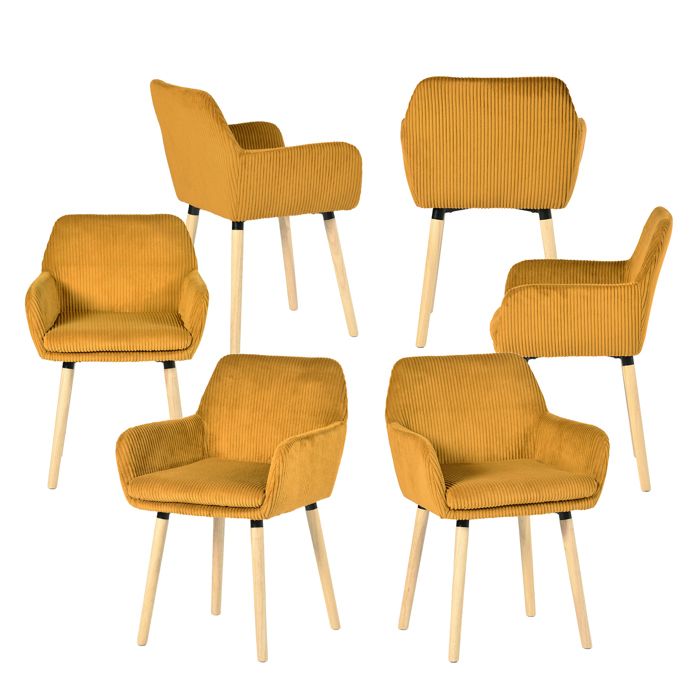 MEUBLES COSY Lot de 6 chaises de salle à manger de style scandinave avec pieds en bois et accoudoirs en velours côtelé jaune - ELIA