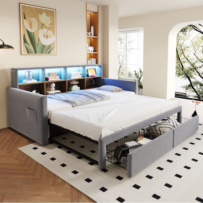 MEUBLIV Lit banquette extensible 90/180x190 cm avec LED prises USB/Type-C et 2 tiroirs velours gris clair