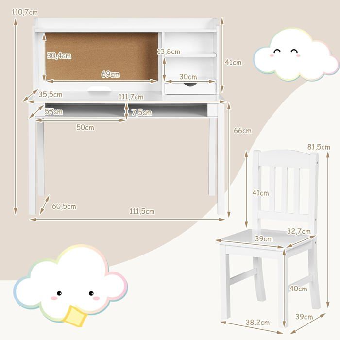 GIANTEX Bureau Enfant avec Chaise-Étagères de Rangement Tiroirs Tableau en Liège 112x61x110 5cm Blanc