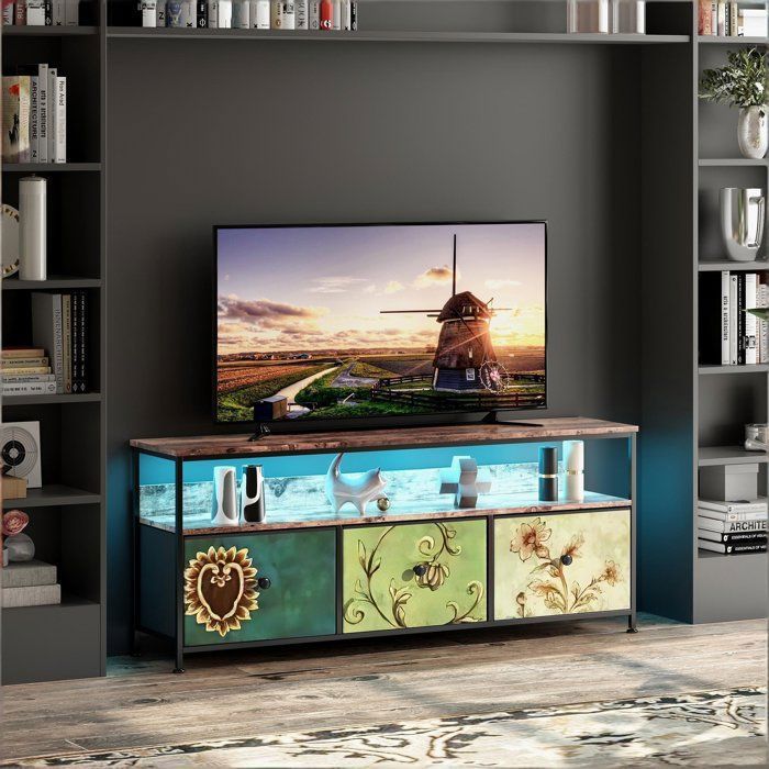Meuble TV Meuble TV LED Meuble TV haut 3 Tiroirs en tissu de rangement pratique avec LED 137×30×57 cm structure acier Marron Coloré