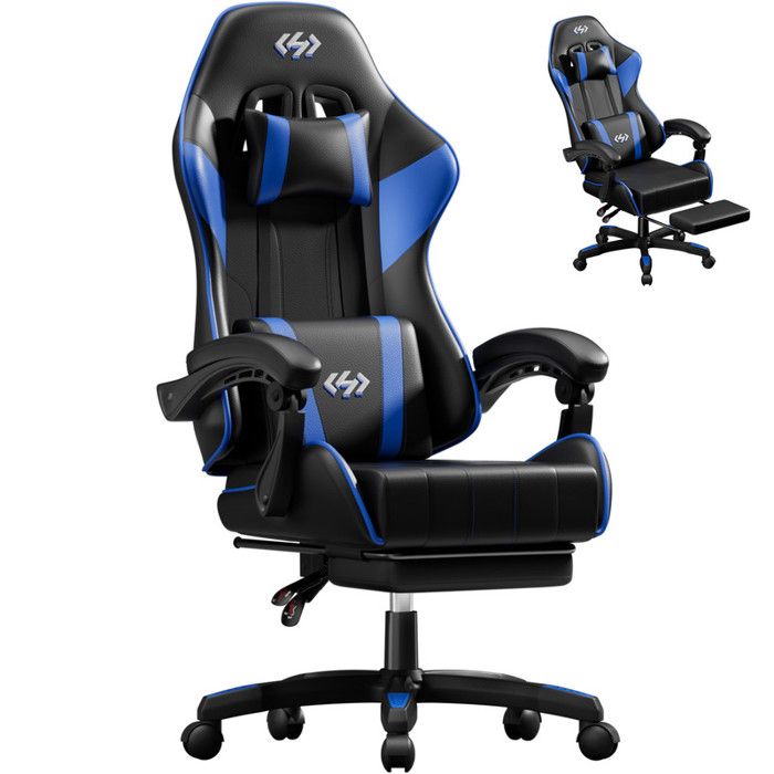 EcoFurnix - Chaise Gaming Ergonomique avec Appuie-tête et repose-pieds - Inclinable 90°-135° - Support Lombaire - Noir et Bleu