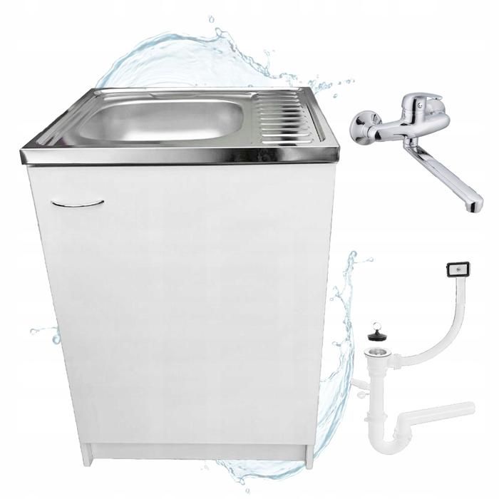 Meuble sous Évier 60 cm Blanc + Évier Inox + Robinet Murale Chrome + Siphon LV - 60x60x82 cm