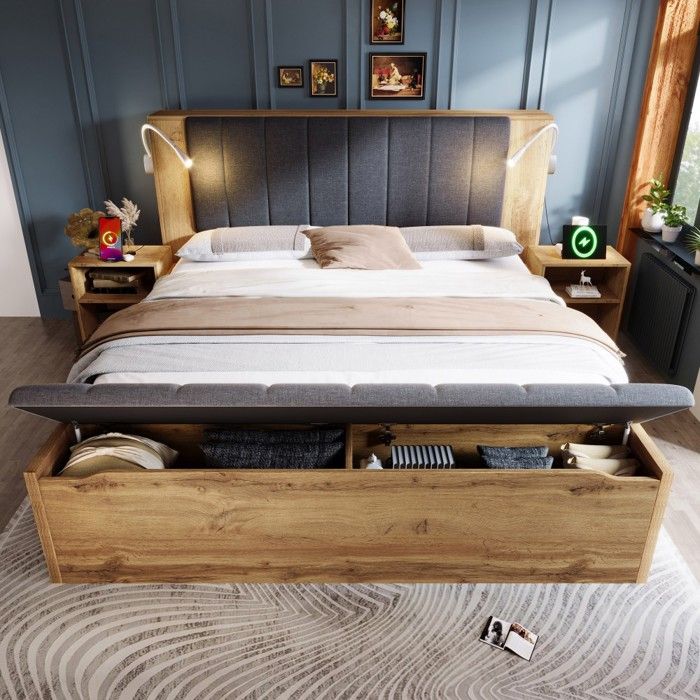 Lit Double 160x200 bois tête de lit lin rabattable rangements 2 chevet banquette lampes USB sommier lattes chêne Sans Matelas