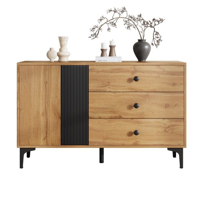 Buffet de Rangement Moderne Bahut Design Scandinave avec 3 Tiroirs et Porte Pieds en Métal Salon et Salle à Manger 120x35x76 c