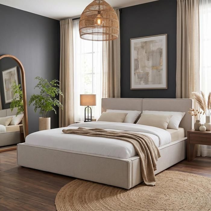 Lit Double CALM Rembourré 160 x 200 cm Queen Size Gris Confort Optimal avec Sommier à Lattes Inclus Tête de Lit en Tissu Lit Double CALM Rembourré 160 x 200 cm Queen Size Gris Confort Optimal avec Sommier à Lattes Inclus Tête de Lit en Tissu