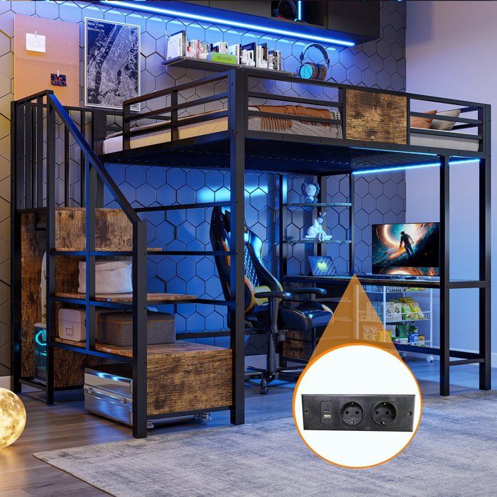 Lit mezzanine enfant 2 places 140×200cm Lit double métal avec LED bureau 4 tiroirs étagères armoire échelle de rangement - noir