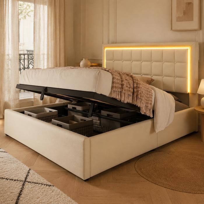 Lit coffre LED 180x200 cm lit double avec rangement sommier inclus revêtement en simili cuir blanc