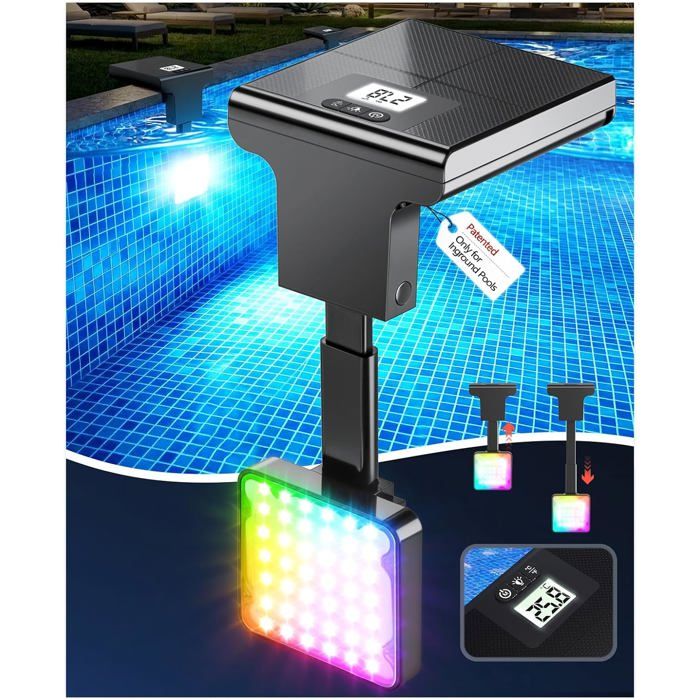 Lumière solaire 2-en-1 pour piscine  avec thermomètre intégré étanche télécommande & 10 modes déclairage