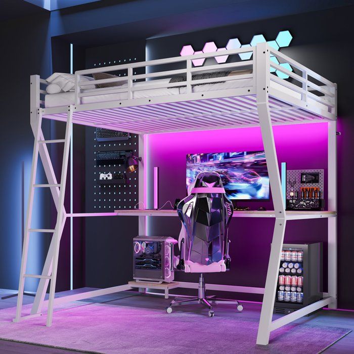 Lit Mezzanine 2 Places 140x200 cm avec Bureau Support pour Tour PC Éclairage LED Prise et Port USB Garde-Corps - Métal - Blanc
