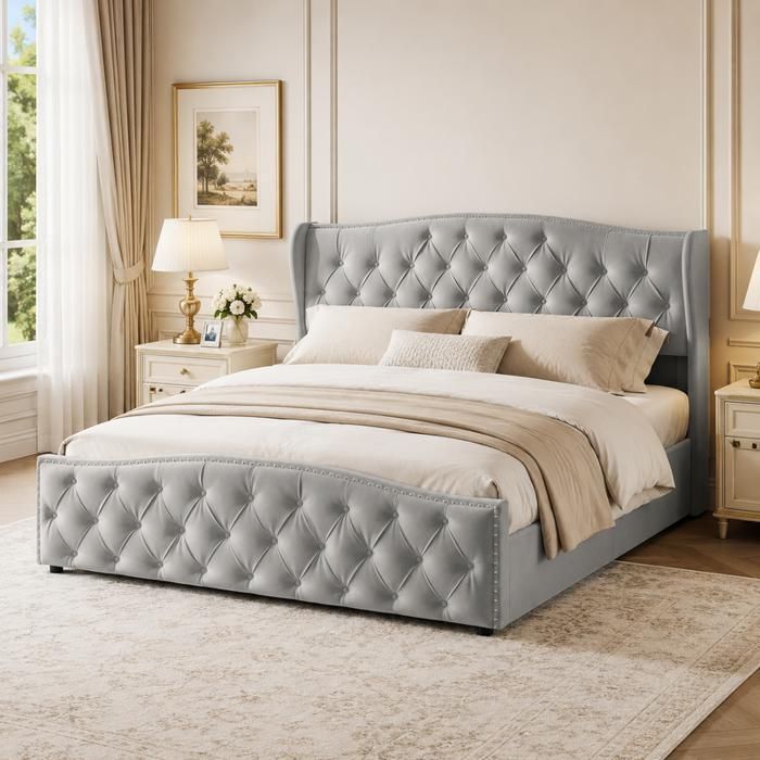 Lit Coffre Hydraulique 140x200 cm Lit Adulte avec Sommier à Lattes Lit Rembourré avec Capitonnage et Rivets Velours Gris