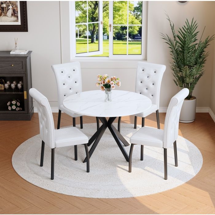 Ensemble Salle a Manger Table Ronde Effet Marbre Blanc avec 4 Chaises Rembourrees - TCQPZ - Piedement Metal Noir