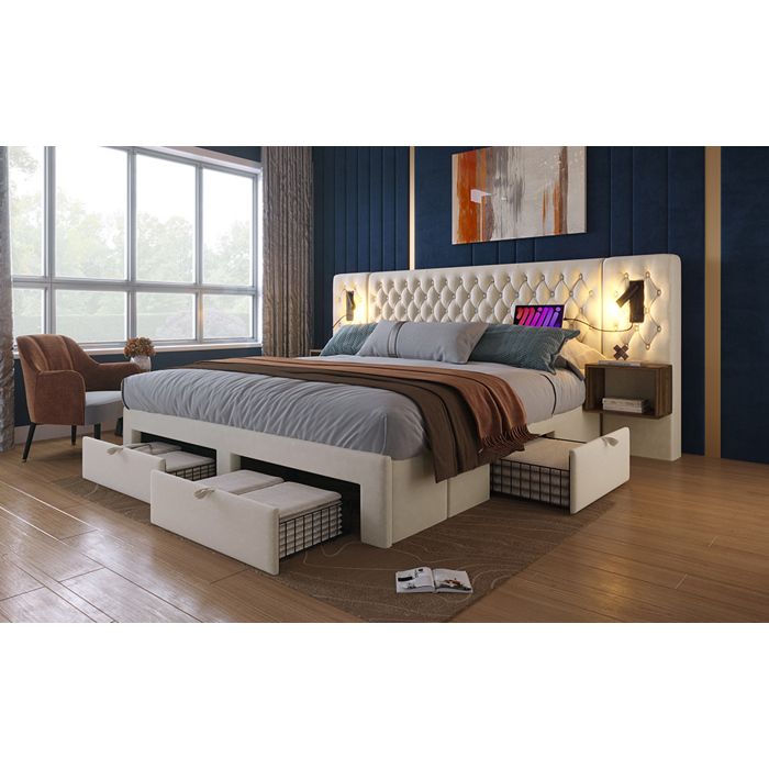 Ensemble lit double rembourre 180 x 200 cm avec 2 chevets integres 4 tiroirs lampes de lecture USB/Type-C beige