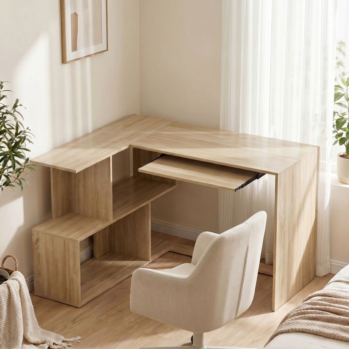Bureau dAngle 120 x 100 x 76 cm Bureau Informatique en L avec Plateau de Clavier 4 Compartiments Ouverts Naturel