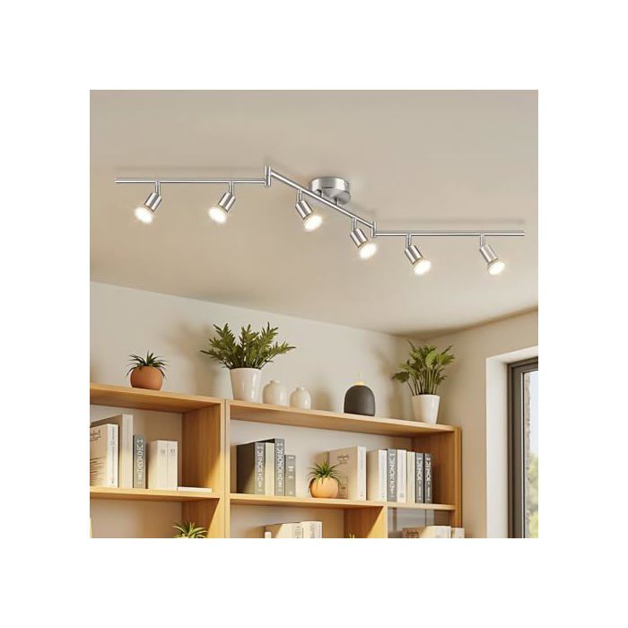 Plafonnier spot - KETOM - 6 têtes orientables - Métal argenté - 50W max - Montage plafond/mur