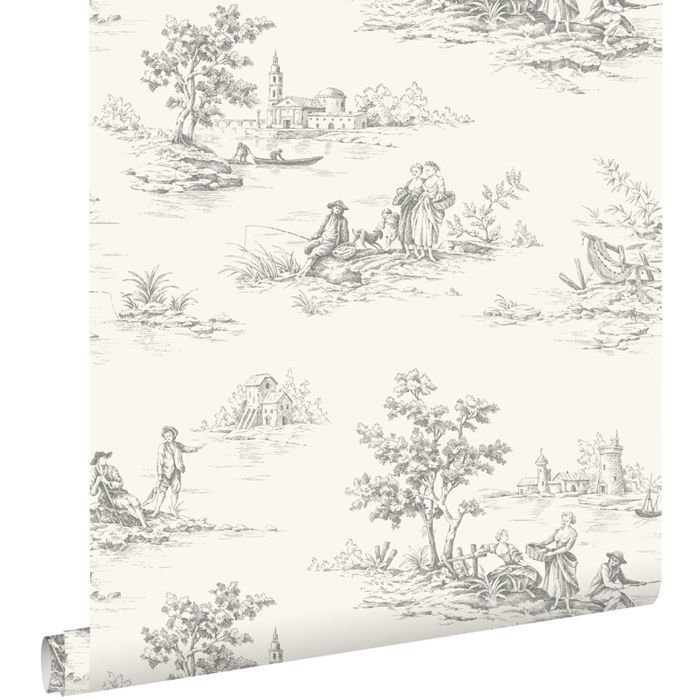 Papier peint toile de jouy gris - 0.53 x 10.05 m - ESTAhome