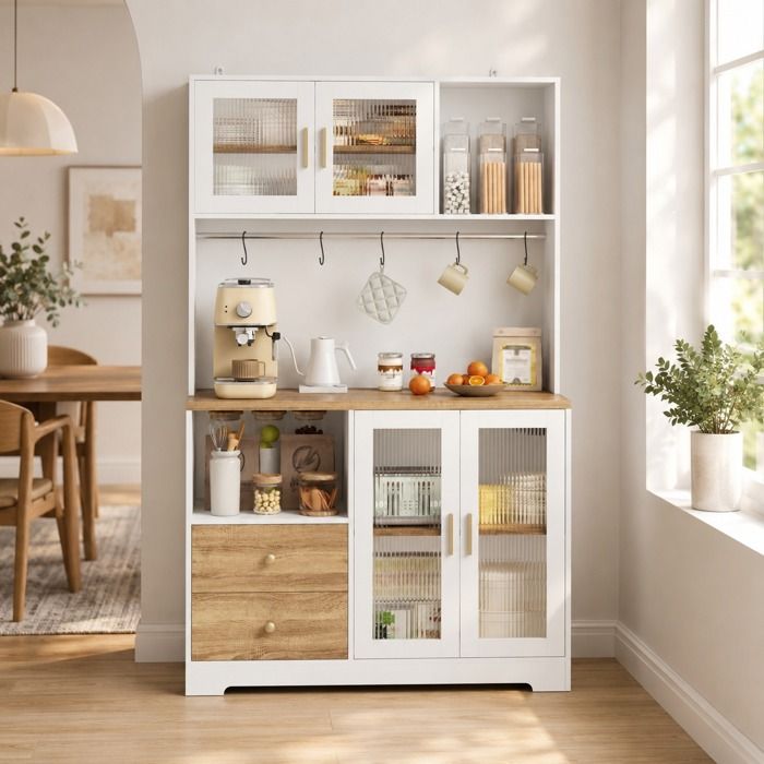 Buffet de Cuisine Armoire - Meuble de Rangement Cuisine - Buffet Salon - 4 Portes - 2 Tiroirs - avec LED RGB Prise USB- Blanc