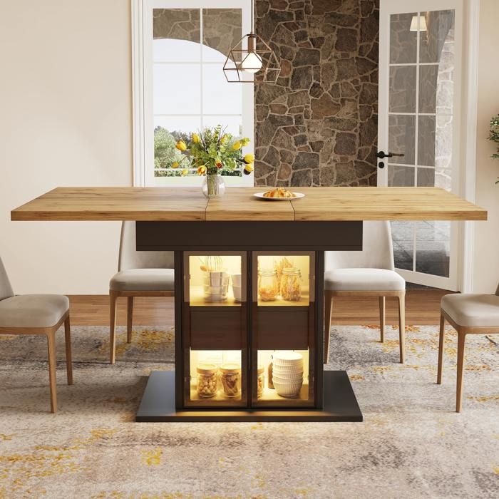 Table à manger extensible 110-140x80x77 9 cm LED RGB via application 2 tiroirs portes coulissantes en verre MDF noir