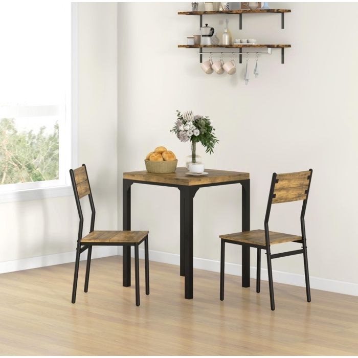 Ensemble Table 2 Chaises MDF Marron Table Repas Campagne FloraGrace Pour Cuisine Gain De Place 60x60x76cm