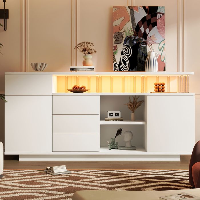 Buffet blanc 160×40×75 cm avec éclairage LED et supports acryliques Armoire de rangement 4 tiroirs et 2 portes étagères réglables