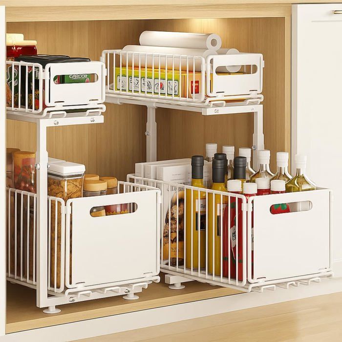 Organiseur sous évier 2 niveaux tiroir coulissant hauteur ajustable 41 à 485 cm acier carbone blanc lot de 2 38 x 675 cm