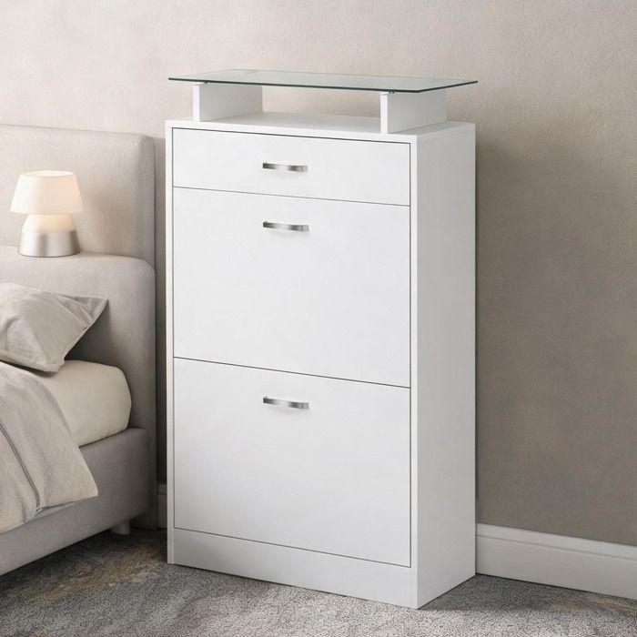 Meuble à chaussures blanc 2 portes abattantes 105.5 cm 4 compartiments et tiroir design contemporain