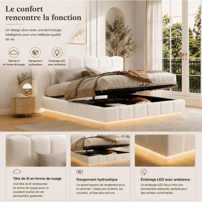 ULEVR Lit coffre double 180x200 cm en bouclé blanc avec sommier à lattes LED dambiance et tête de lit nuage