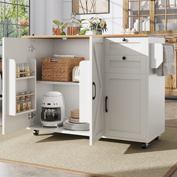 Desserte Cuisine sur roulettes avec Plateau Pliant-Buffet Salle a Manger avec Porte-épices et Porte-Serviettes- Blanc