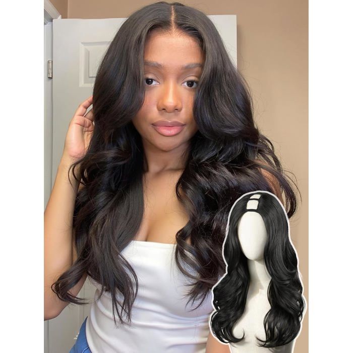 Perruque Noire Femme Demi-Perruque 24 Pouces-U-Part/V-Part Sans Colle Extension Naturelle Mate Body Wave Prête À Porter[CA12]