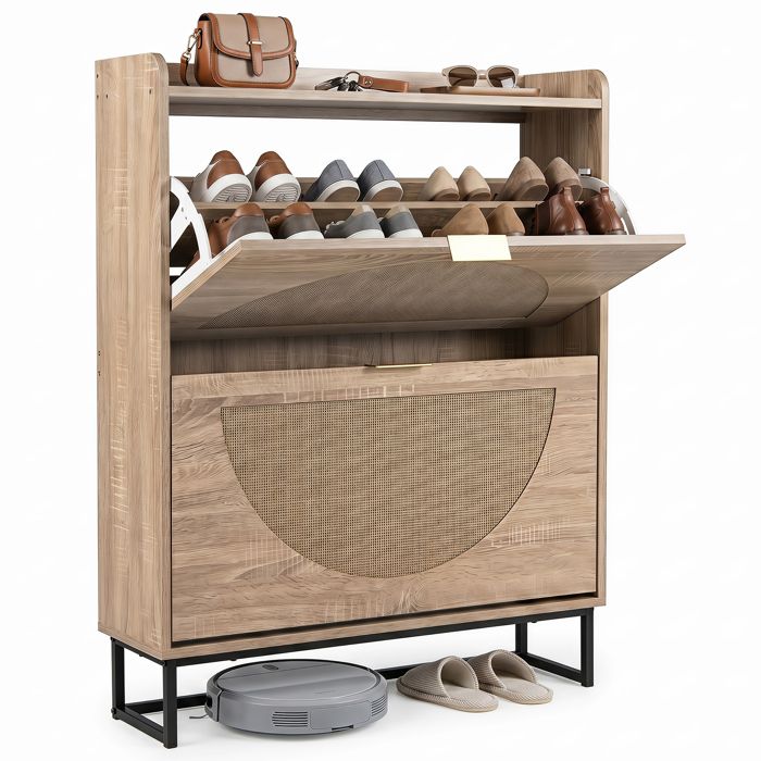 COSTWAY Meuble a Chaussure avec 2 Tiroirs Basculants Pieds en Métal Dos Ouvert Kit Anti-Basculement pour Entrée Couloir