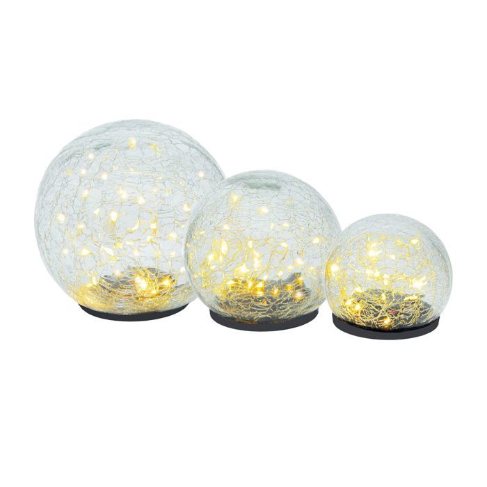 Lot de 3 boules lumineuses LED en verre craquelé blanc chaud à piles - lampe déco intérieur extérieur pour rebord de fenêtre