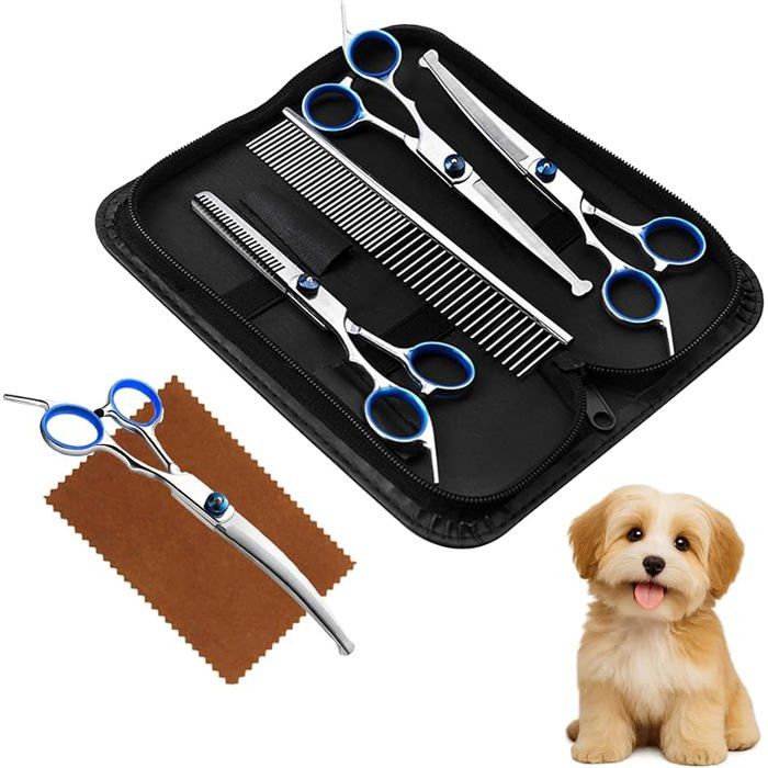 Ciseaux Toilettage Chien Kit Ciseauxs de Toilettage pour Chiens Embouts de Sécurité Ronds y Compris Ciseaux à Effiler