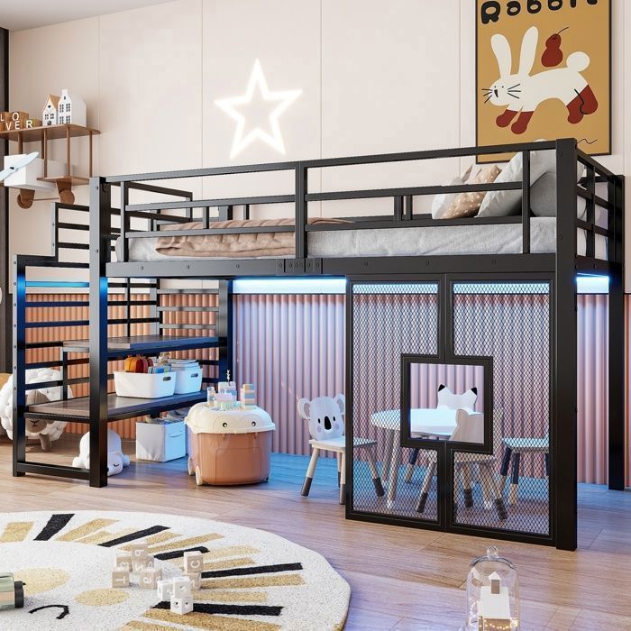 Luscriate - Lit mi-hauteur 90x200cm Lit métal avec LED escalier rangement fenêtres enfant chambre - noir