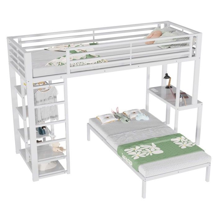 Lit Superposé Deux Couchages Fer 90x200cm Bureau Ports USB‑Type‑C Étagères Rangement Vêtements Certifié EN747 Blanc Sans Matelas Lit Superposé Deux Couchages Fer 90x200cm Bureau Ports USB‑Type‑C Étagères Rangement Vêtements Certifié EN747 Blanc Sans Matelas