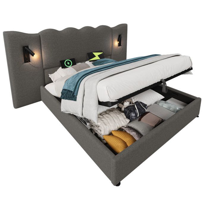 Lit rembourré 160x200 gris avec lampe de lecture et USB-C Lit rembourré 160x200 gris avec lampe de lecture et USB-C