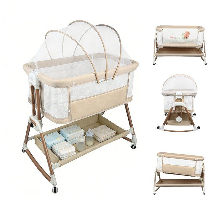 Berceau Cododo de bébé - Lit Berceau à bascule - Hauteur et Inclinaison réglable - Étagère sous Lit et 4 Roues - Beige