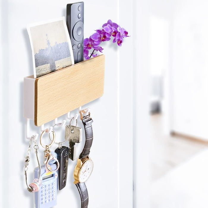 Porte-clefs mural en bambou blanc - 5 crochets - Fixation murale - Lot de 5