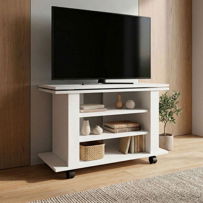 Meuble TV 3 niches 78x38x51 cm plateau rotatif à 360° décor blanc