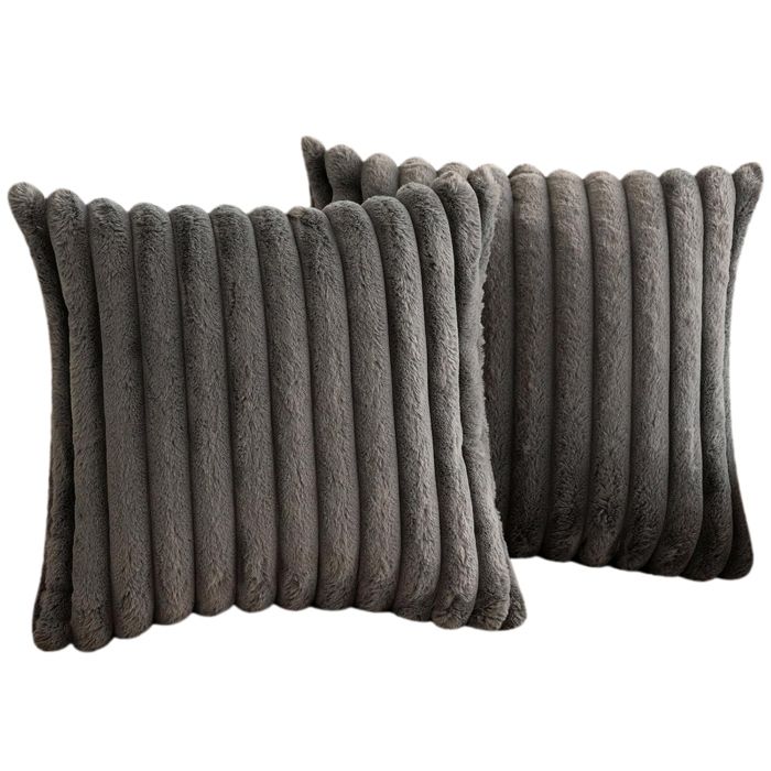 DENODIC Housse de Coussin 45 x 45 cm Lot de 2 Fermeture Éclair Invisible Lavable avec Pompons Velours Gris