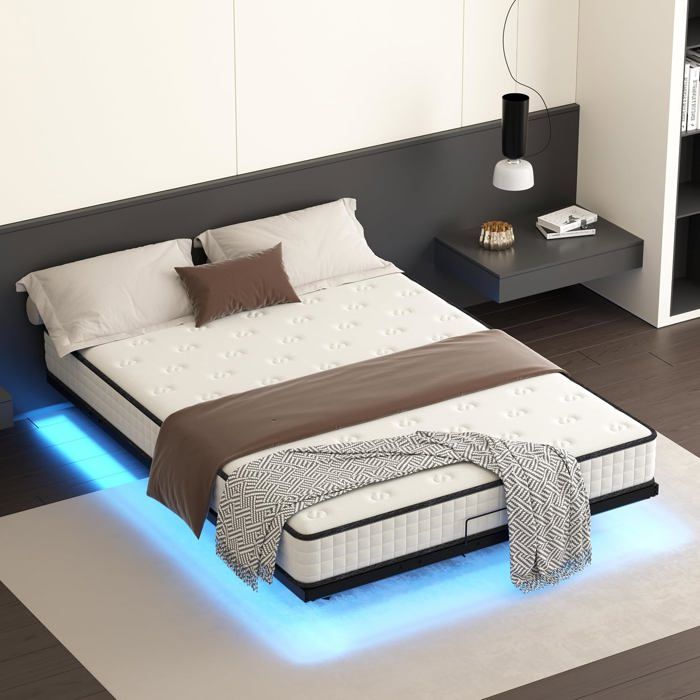 DEWINNER Lit avec Cadre LED et Sommier Matelas Mémoire de Forme 140x200 cm Épaisseur 22 cm Haute Résilience