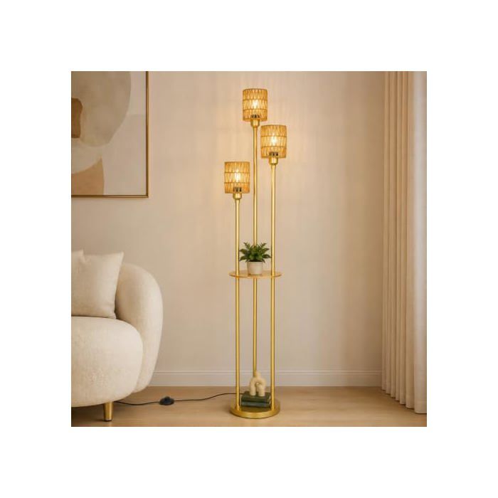 Lampadaire Or Salon à 3 Flammes Avec Étagère Abat-jour en Rotin et Interrupteur à Pied - Moderne Boho Pour Chambre Bureau Salon
