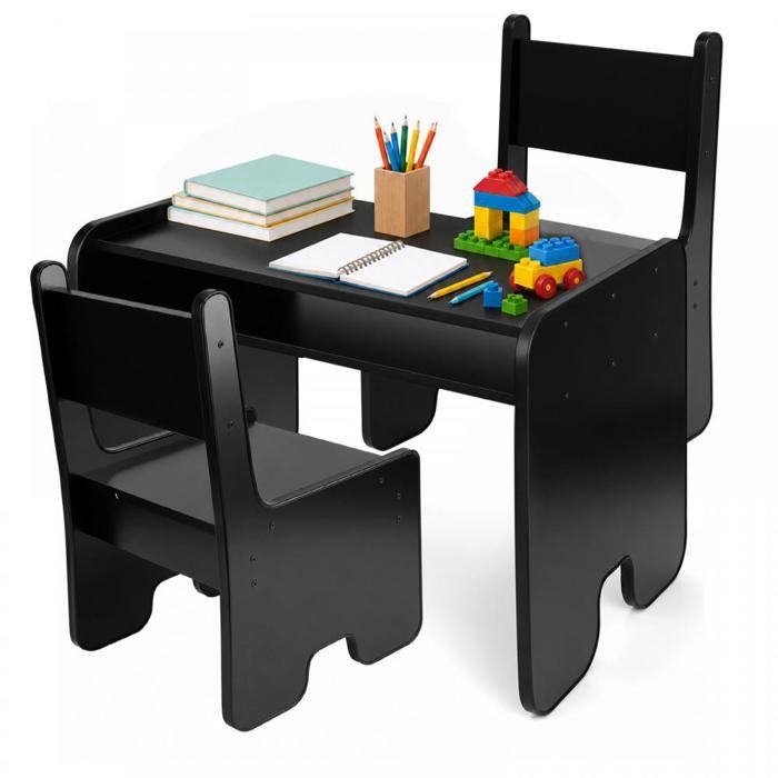 KEDIA Ensemble Bureau Enfant Sécurisé Bords Arrondis MDF Écologique Tout noir Tabouret : 33 5x34x55cm Table : 70x45x51cm