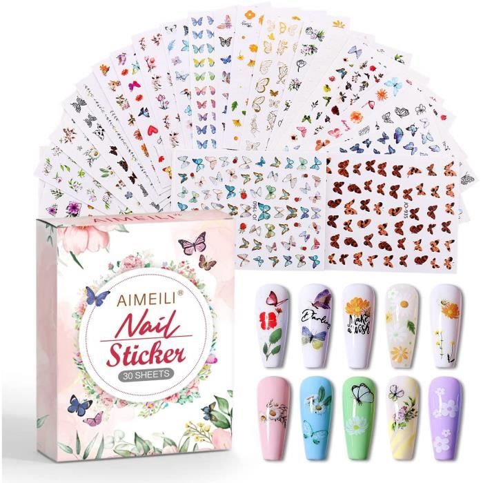 AIMEILI 30 Feuilles Papillon Fleurs Stickers Ongles Mix Couleur Autoadhésif Autocollants Ongles Nail Art Décoration
