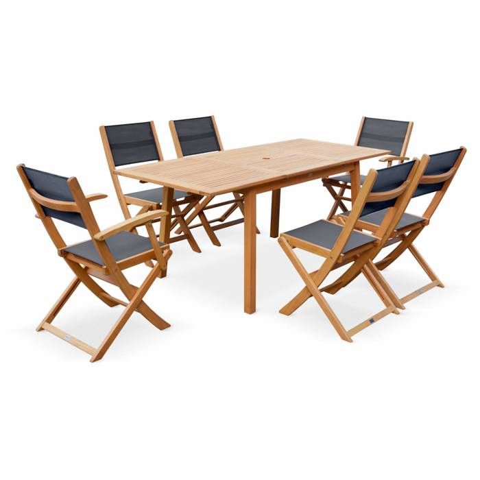Salon de jardin en bois extensible - Table 120/180cm avec rallonge. 2 fauteuils et 4 chaises. en bois d'Eucalyptus huilé et