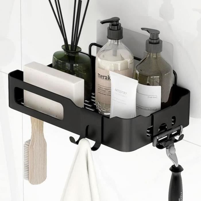 Etagere de douche Noir sans perçage Étagère salle de bain avec 3 crochet pour cuisine chambre salle de bain