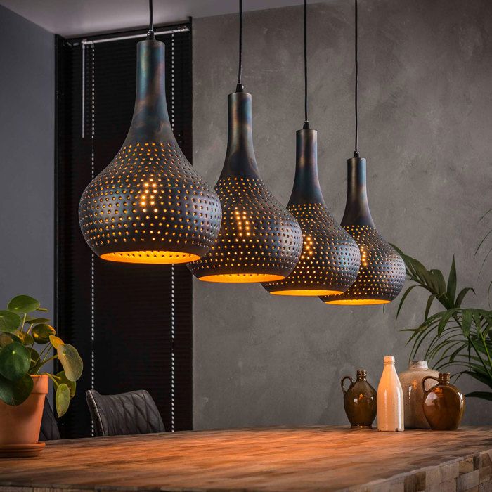 Suspension industrielle 4 lampes coniques 130x150 cm en métal