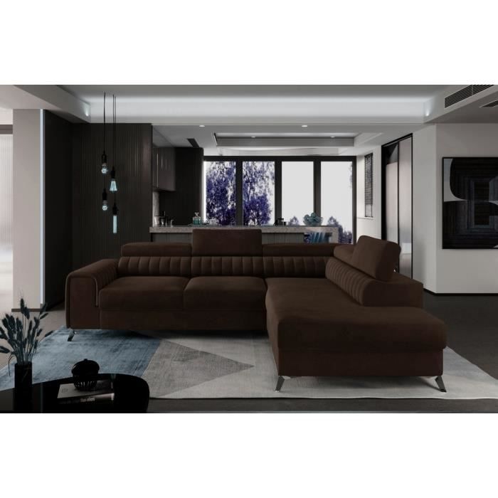 Canapé dangle convertible - LARRY VELOURS - en tissu Luxe marron 5 places angle droit (vu de face)