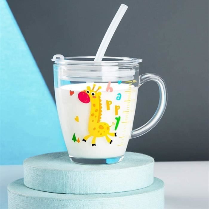 Tasse pour Enfants - Transparent - 300 ml - Verre de Haute Qualité - Avec Paille Silicone - Étanche