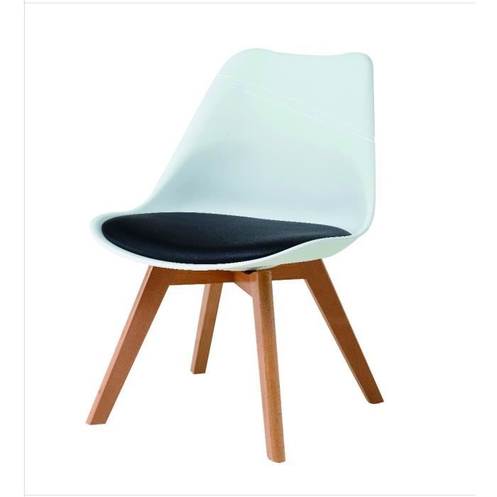 chaise en polypropylène blanc avec coussin noir en similicuir, structure en bois