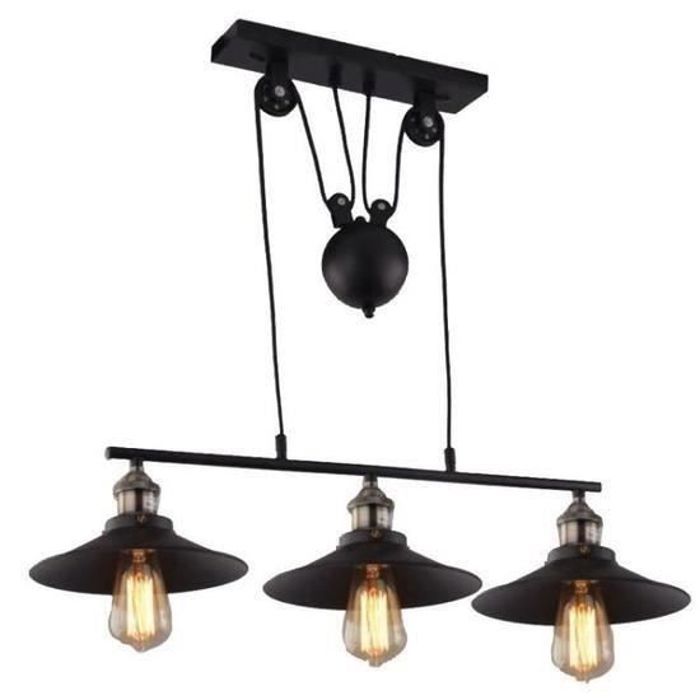 Guo Lustre suspension industrielle Plafonnier 3 Lampe - Triple Piattino Poulie